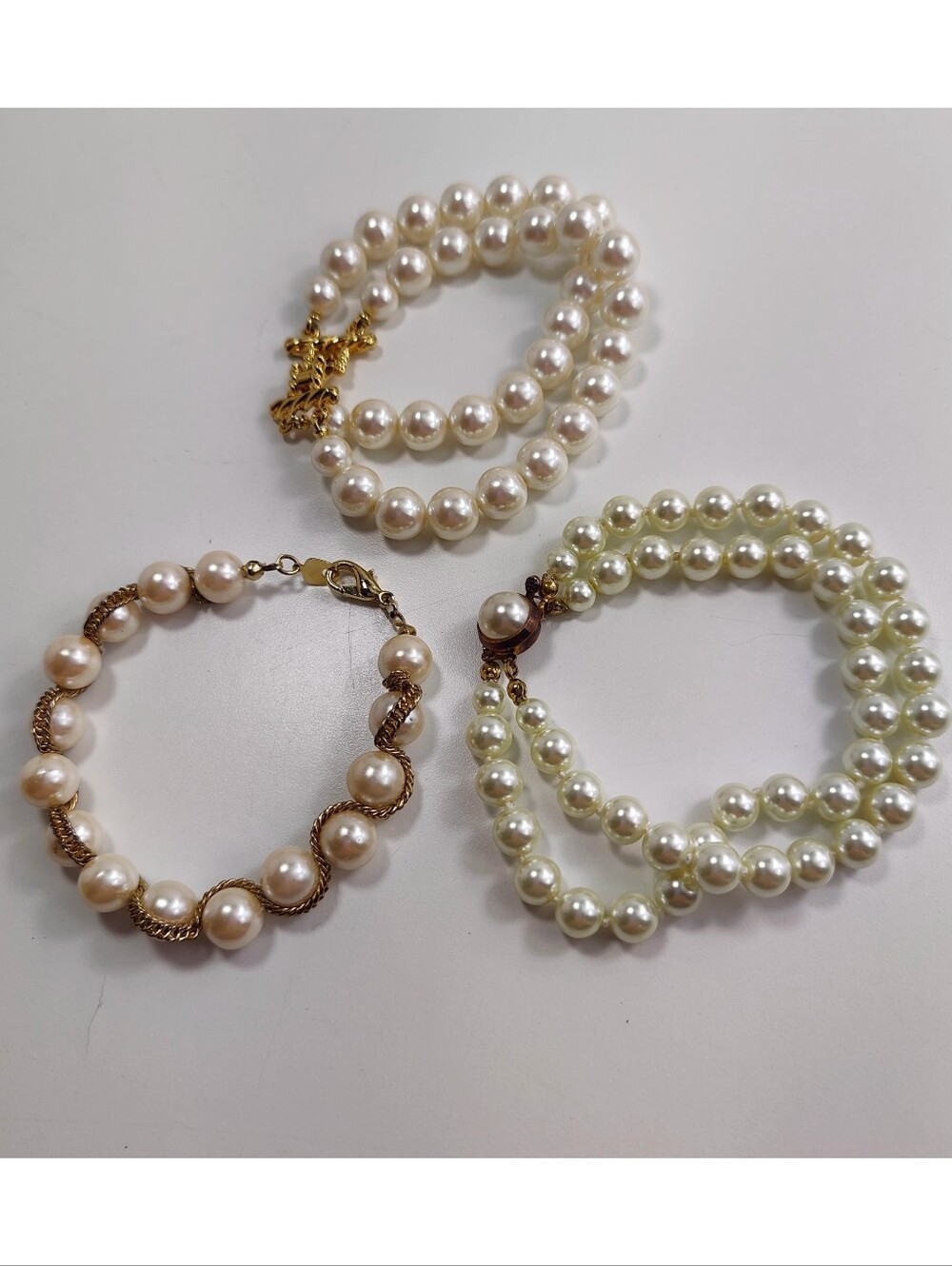Vintage Faux Pearl Bracelet Bundle Lot Double Strand Korea Signed Gold Tone